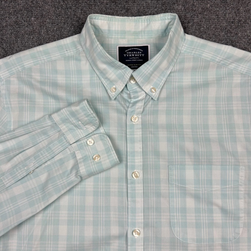 Charles Tyrwhitt Button Down Shirt Mens L Teal Plaid Extra Slim Fit Non-Iron
